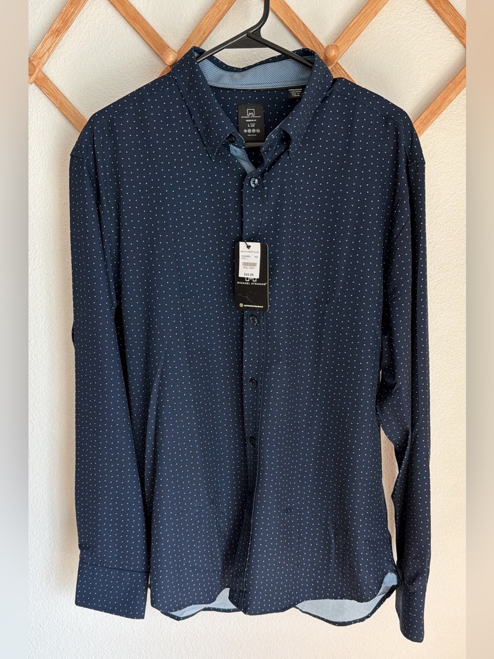 Michael Strahan Navy Blue Microdot Long-Sleeve Button-Up Shirt - Size Large, NWT